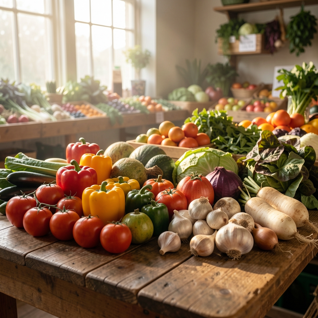 Fresh market produce arranged on a wooden table, early morning light, editorial still-life